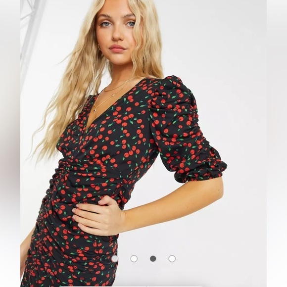 Wednesday's Girl mini tea ruched dress in cherry print Size XS - Picture 3 of 15
